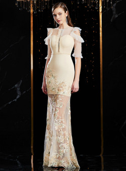 Champagne Mermaid Tulle Embroidery Appliques Short Sleeve Mother Of The Bride Dress 2020 Champagne Mermaid Tulle Embroidery Appliques Short Sleeve Mother Of The Bride Dress 2020