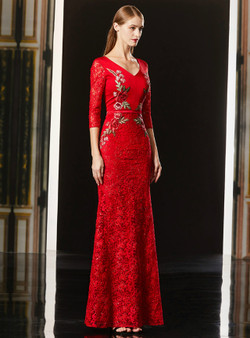 Red Mermaid Lace Sequins V-neck 3/4 Sleeve Embroidery Mother Of The Bride Dress 2020