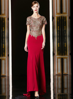 Modest Red Mermaid Satin Cap Sleeve Appliques Mother Of The Bride Dress 2020