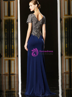 You'll Always Remember Wearing Navy Blue Mermaid Satin Cap Sleeve Appliques Mother Of The Bride Dress 