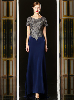 You'll Always Remember Wearing Navy Blue Mermaid Satin Cap Sleeve Appliques Mother Of The Bride Dress 