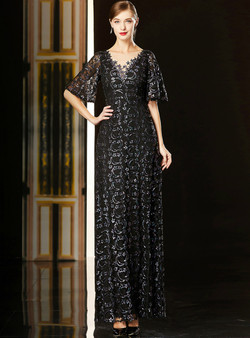 High quality Black Sequins V-neck Short Sleeve Mother Of The Bride Dress 