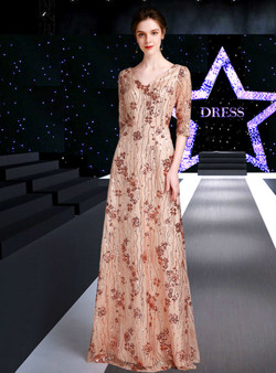 Impressive Champagne Tulle Sequins V-neck Short Sleeve Mother Of The Bride Dress 2020