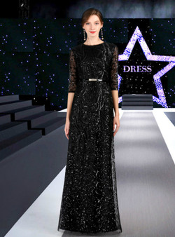 Hot Sale Black Sequins Half Sleeve Mother Of The Bride Dress With Sash 2020