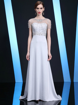 Best Discount And High Quality Silver Short Sleeve Beading Short Sleeve Long Mother of the Bride Dress