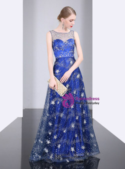 Best Discount And High Quality Blue Tulle Star Sequins Sleeveless Floor Length Mother of the Bride Dress