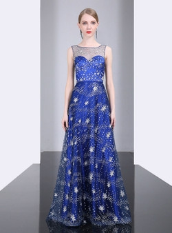 Best Discount And High Quality Blue Tulle Star Sequins Sleeveless Floor Length Mother of the Bride Dress
