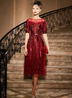 In One Step Burgundy Tulle Sequins Short Sleeve Short Mother Of the Brides Dress