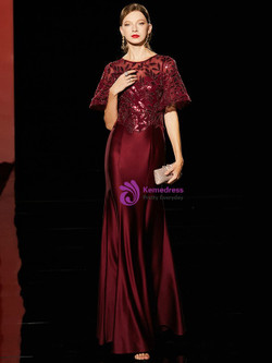 Amazing Burgundy Mermaid Satin Sequins Short Sleeve Long Mother Of the Brides Dress