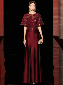 Amazing Burgundy Mermaid Satin Sequins Short Sleeve Long Mother Of the Brides Dress