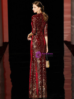 Fashionable Burgundy Mermaid Velvet Sequins High Neck Half Sleeve Mother Of the Brides Dress