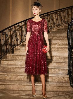 Impressive Hot Sale Burgundy Sequins V-neck Short Sleeve Mother Of the Brides Dress