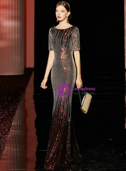 High quality Noble Red Mermaid Sequins Short Sleeve Bateau Mother Of the Brides Dress