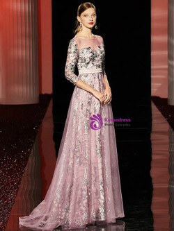  Popular Pink Tulle Embroidery Sequins 3/4 Sleeve Floor Length Mother Of the Brides Dress