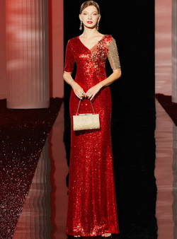 Exquisite Red Sequins Short Sleeve Appliques Long Mother Of the Brides Dress