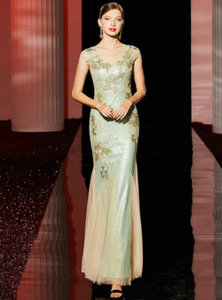 Winsome Green Mermaid Tulle Embroidery Sequins Cap Seeve Mother Of the Brides Dress