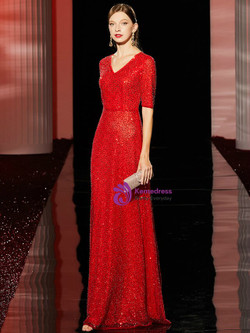 Romantic Red Sequins V-neck Short Sleeve Long Mother of the Bride Dress