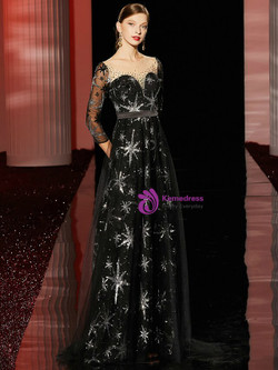 Stylish Black Tulle Sequins 3/4 Sleeve Long Mother of the Bride Dress