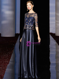 Simple Navy Blue Satin Bateau 3/4 Sleeve Long Mother of the Bride Dress 