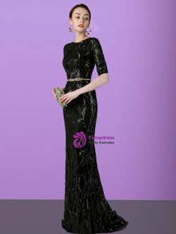 Find The Perfect Fashionable Black Mermaid Sequins Short Sleeve Mother of the Bride Dress With Sash