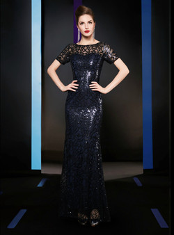 A Great Variety Of Navy Blue Mermaid Sequins Short Sleeve Long Mother Of The Bride Dress