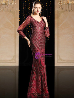 The Worldwide Shipping Online Store Burgundy Spandex Mermaid Long Sleeve Sequins Mother Of The Bride Dress