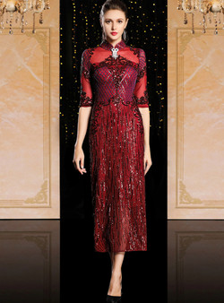For Your Big Night Fashion Burgundy Sequins High Neck Short Sleeve Mother Of The Bride Dress