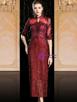 For Your Big Night Fashion Burgundy Sequins High Neck Short Sleeve Mother Of The Bride Dress