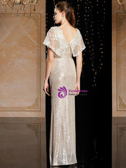 Formal Gold Mermaid Sequins V-neck Appliques Mother Of The Bride Dress