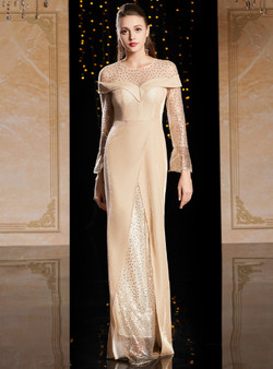 In One Step Champagne Sheath Long Sleeve Sequins Long Mother Of The Bride Dress