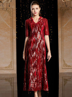 Wonderful Burgundy V-neck Short Sleeve Sequins Ankle Length Mother Of The Bride Dress