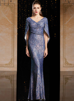Gorgeous Blue Mermaid Sequins V-neck Bat Sleeve Pleats Mother Of The Bride Dress Gorgeous Blue Mermaid Sequins V-neck Bat Sleeve Pleats Mother Of The Bride Dress