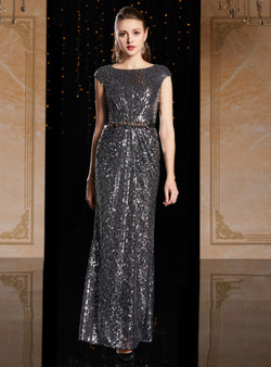 Pretty Dark Gray Sequins Cap Sleeve Pleats Beading Sash Mother Of The Bride Dress