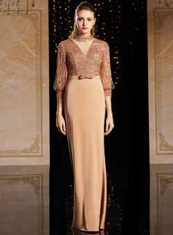 Charming Coffee 3/4 Sleeve High Neck Mother Of The Bride Dress With Bow