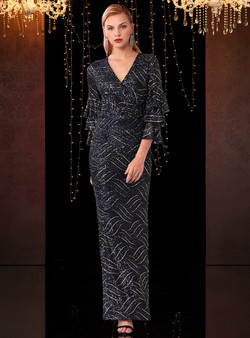 Shinning Navy Blue V-neck Stack Sleeves Mother Of The Bride Dress