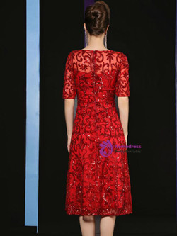 Causal Red Tulle Sequins Short Sleeve Knee Length Mother Of The Bride Dress