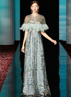 Pretty Blue Embroidery Lace V-neck Feather Mother Of The Bride Dress With Shawl