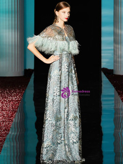 Pretty Blue Embroidery Lace V-neck Feather Mother Of The Bride Dress With Shawl