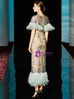 Gorgeous Champagne Sheath Tea Length Mother Of The Brides Dress With Blue Feather