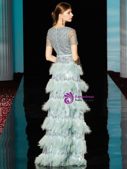 Luxury Sequins V-neck Short Sleeve Feather Mother Of The Bride Dress With Sash