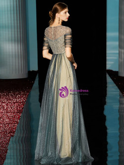 Simple Sequins Tulle Short Sleeve Pleats Long Mother of the Bride Dress