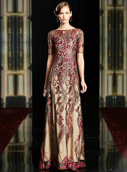 Trendy Champagne Tulle Embroidery Flower Short Sleeve Mother Of The Bride Dress