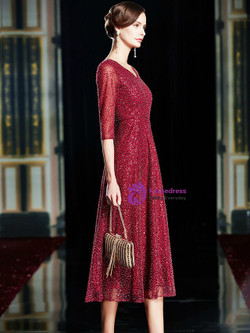 Delicate Burgundy Sequins Beading V-neck Half Sleeve Tea Length Mother Of The Bride Dress