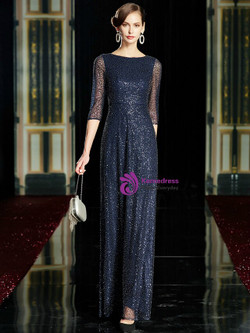 Impressive Navy Blue Bateau Beading Sequins 3/4 Sleeve Long Mother Of The Bride Dress