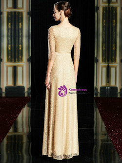 Noble Champagne Tulle Beading Sequins 3/4 Sleeve Long Mother Of The Bride Dress