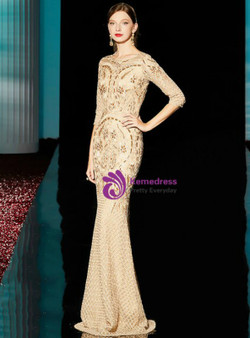 New Champagne Mermaid Embroidery 3/4 Sleeve Long Mother Of The Bride Dress