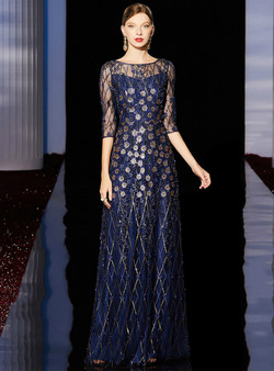 Winsome Navy Blue Bateau Tulle Sequins Appliques Mother of the Bride Dress