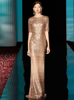 Modest Champagne Gold Mermaid Sequins Mermaid Short Sleeve Mother of the Bride Dresses