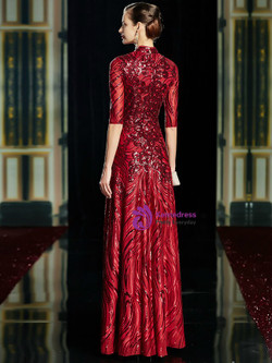 Distinctive Burgundy V-neck Half Sleeve Sequins Mother of the Bride Dress