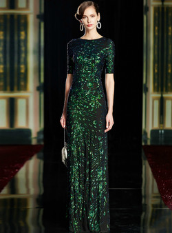 Fantastic Balack Sheath Green Sequins Short Sleeve Long Mother of the Bride Dresses